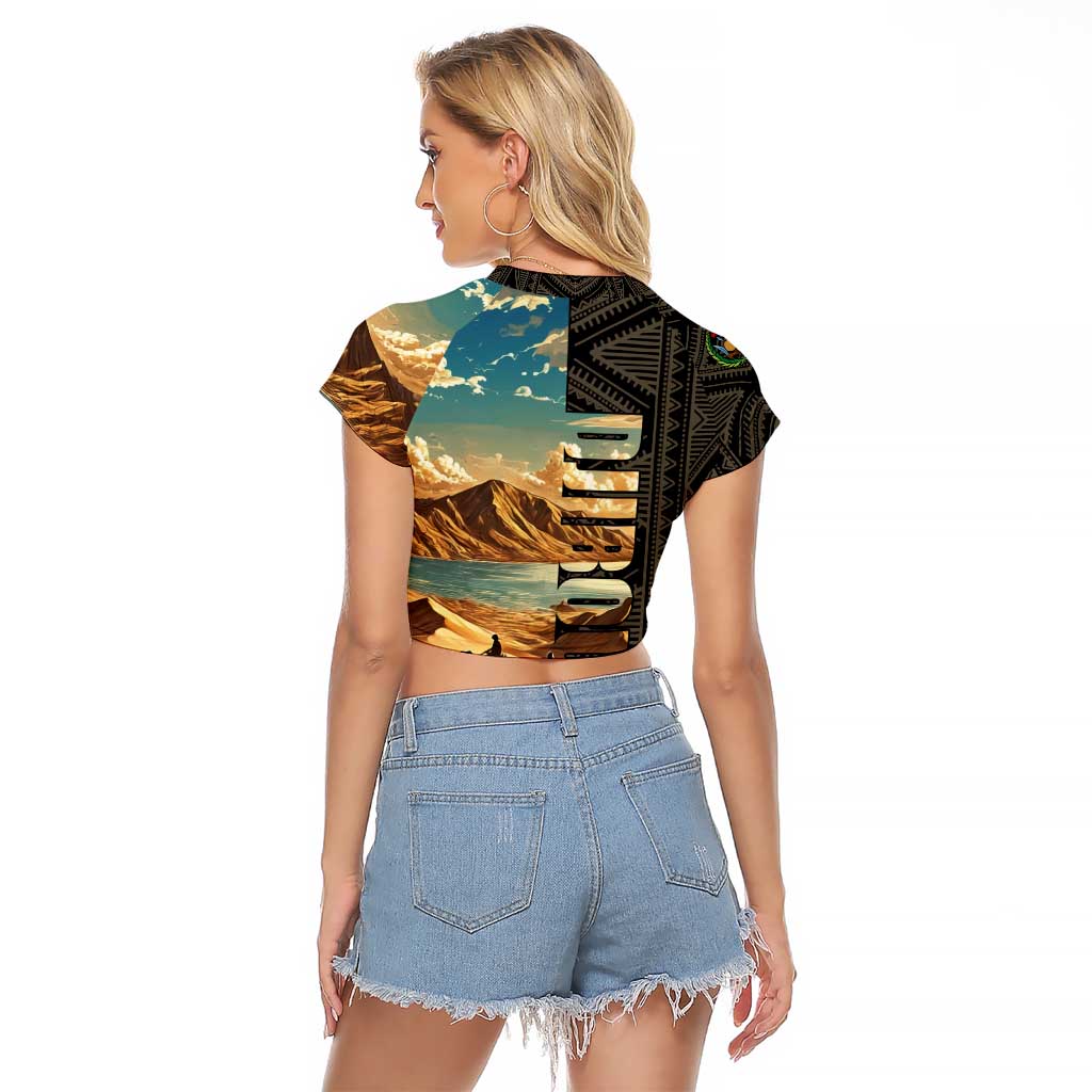 Djibouti Desert Landscape Tadjoura Raglan Cropped T Shirt with Camel Riders and Tribal Pattern Design