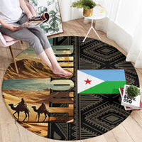 Djibouti Desert Landscape Tadjoura Round Carpet with Camel Riders and Tribal Pattern Design