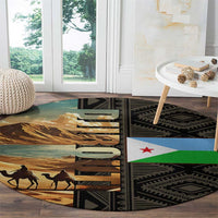 Djibouti Desert Landscape Tadjoura Round Carpet with Camel Riders and Tribal Pattern Design