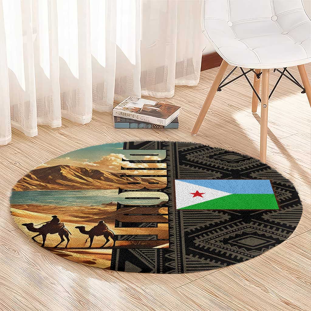 Djibouti Desert Landscape Tadjoura Round Carpet with Camel Riders and Tribal Pattern Design