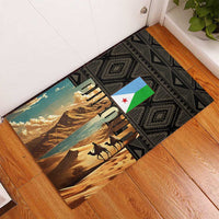 Djibouti Desert Landscape Tadjoura Rubber Doormat with Camel Riders and Tribal Pattern Design