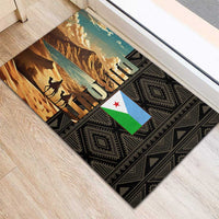 Djibouti Desert Landscape Tadjoura Rubber Doormat with Camel Riders and Tribal Pattern Design