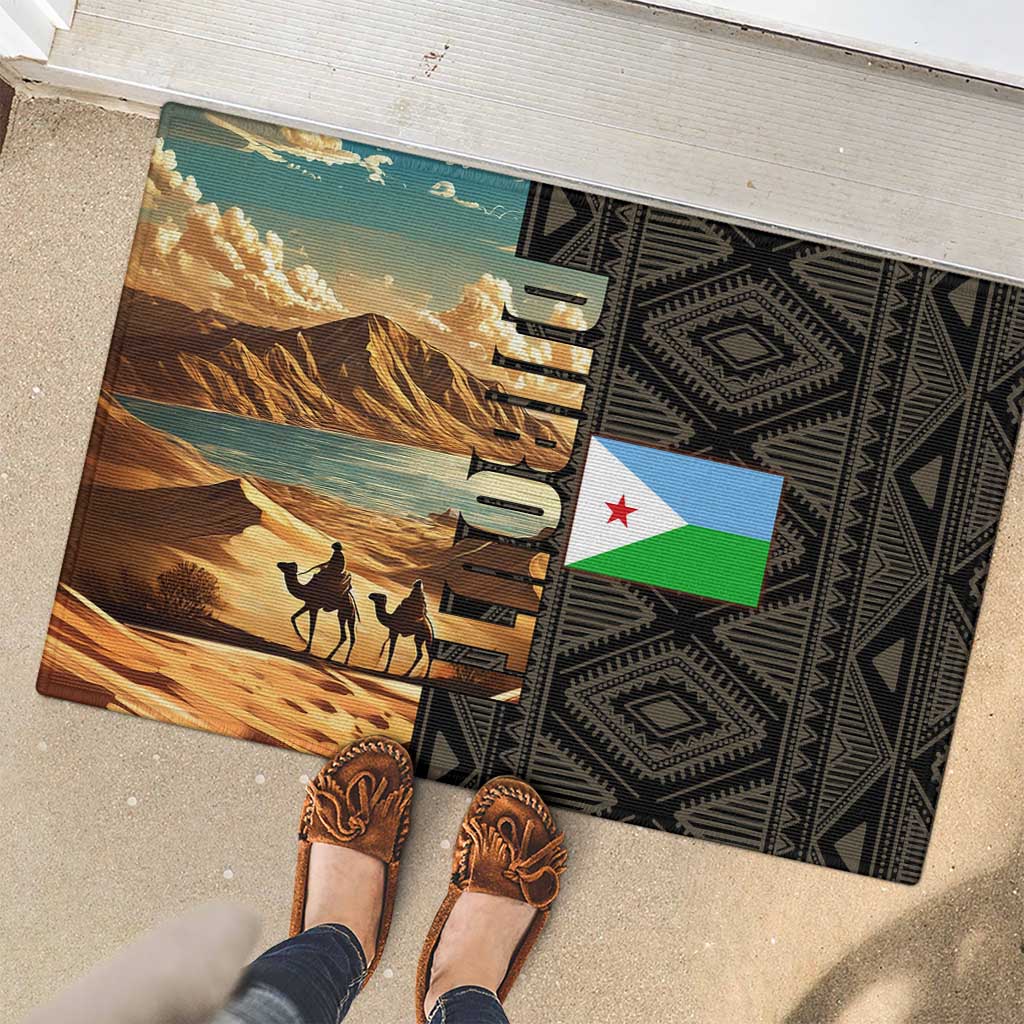 Djibouti Desert Landscape Tadjoura Rubber Doormat with Camel Riders and Tribal Pattern Design