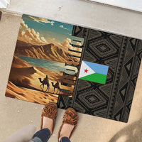 Djibouti Desert Landscape Tadjoura Rubber Doormat with Camel Riders and Tribal Pattern Design