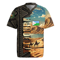 Djibouti Desert Landscape Tadjoura Rugby Jersey with Camel Riders and Tribal Pattern Design