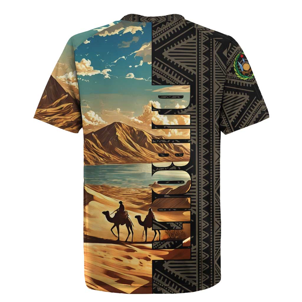 Djibouti Desert Landscape Tadjoura Rugby Jersey with Camel Riders and Tribal Pattern Design