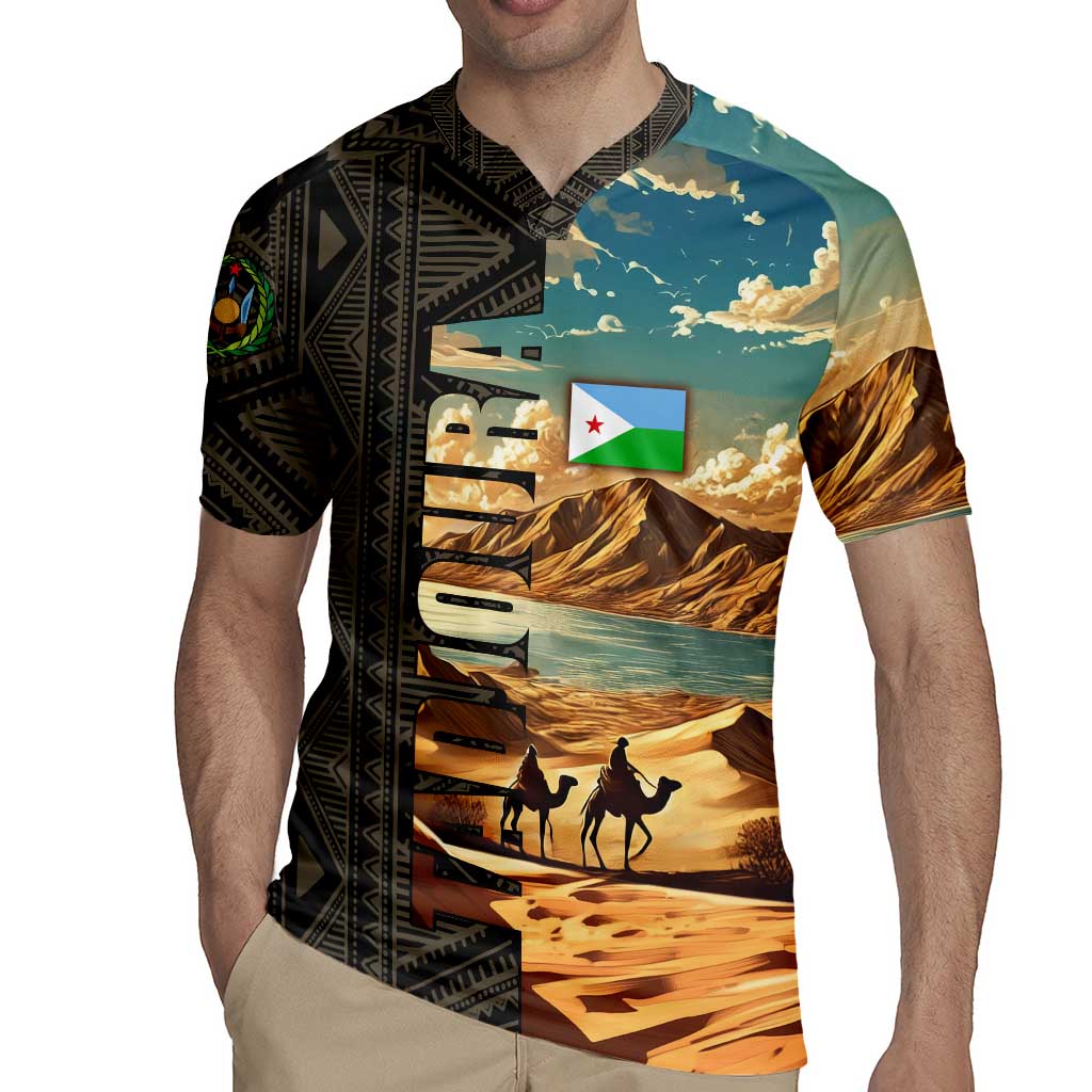 Djibouti Desert Landscape Tadjoura Rugby Jersey with Camel Riders and Tribal Pattern Design