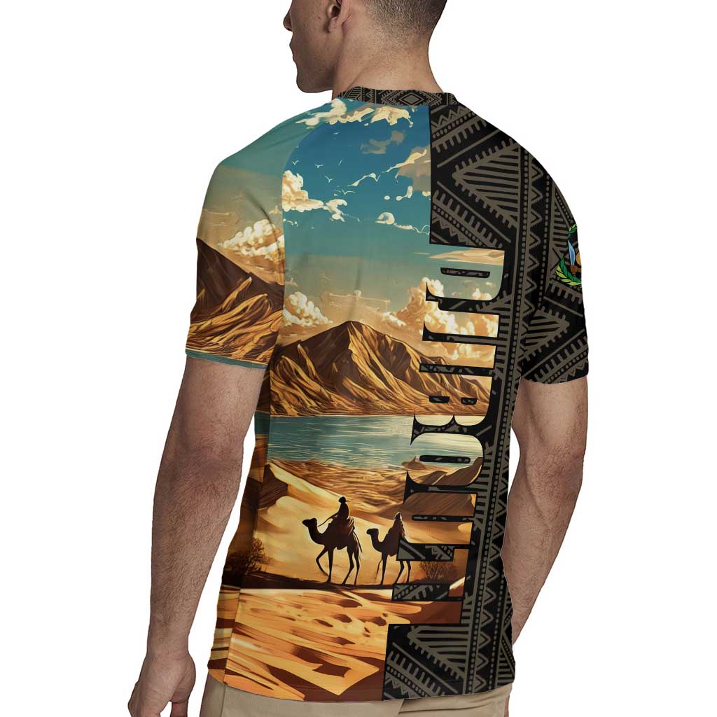 Djibouti Desert Landscape Tadjoura Rugby Jersey with Camel Riders and Tribal Pattern Design
