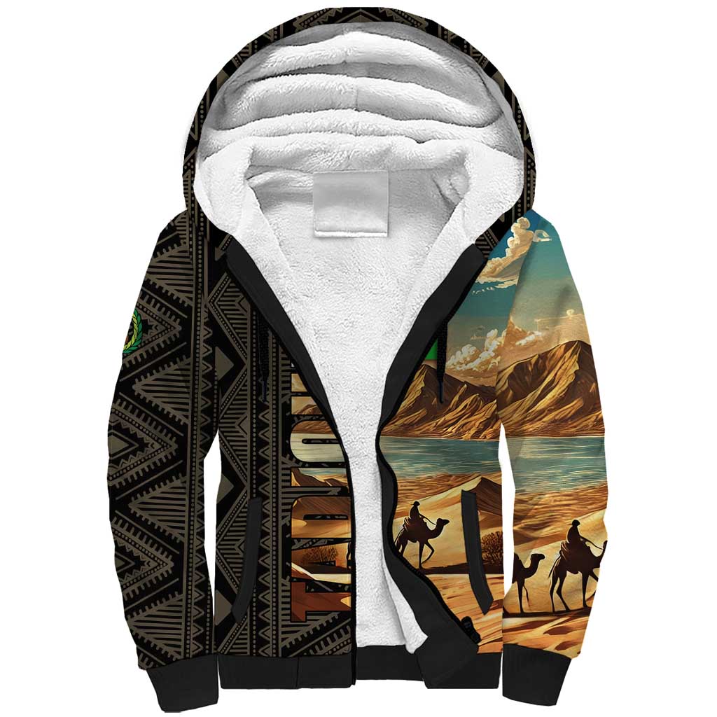 Djibouti Desert Landscape Tadjoura Sherpa Hoodie with Camel Riders and Tribal Pattern Design