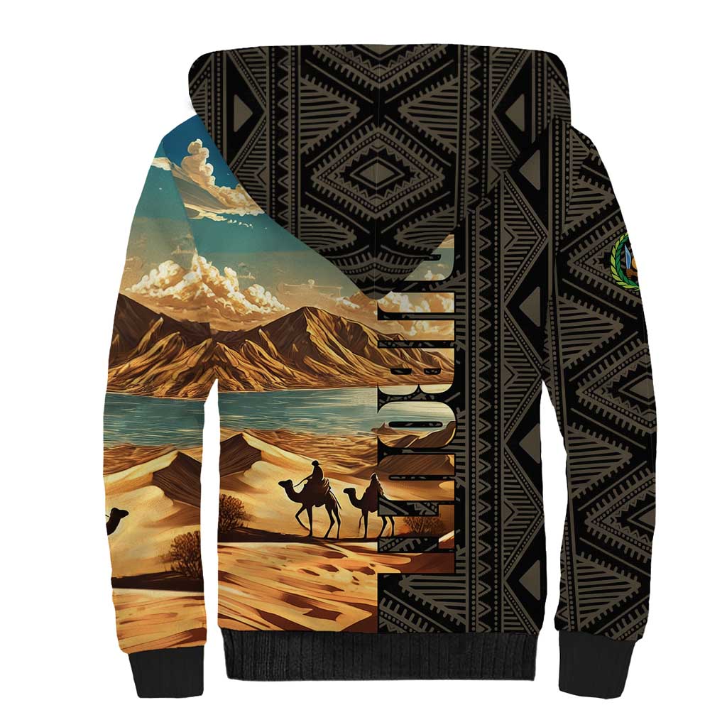 Djibouti Desert Landscape Tadjoura Sherpa Hoodie with Camel Riders and Tribal Pattern Design