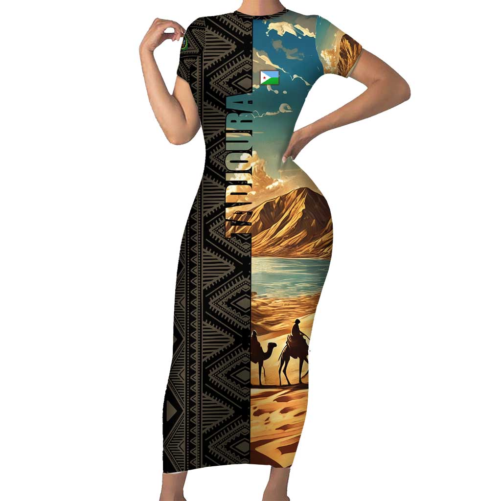 Djibouti Desert Landscape Tadjoura Short Sleeve Bodycon Dress with Camel Riders and Tribal Pattern Design