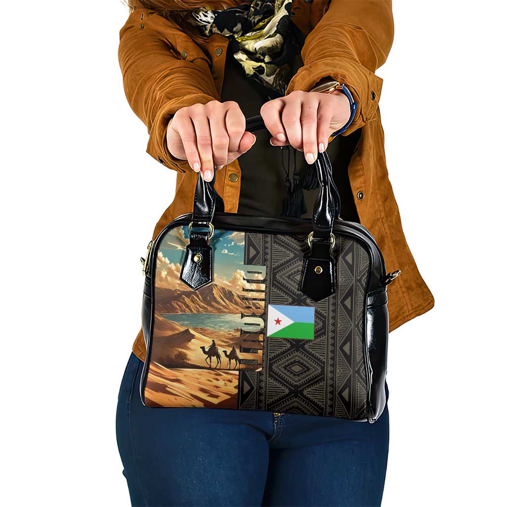 Djibouti Desert Landscape Tadjoura Shoulder Handbag with Camel Riders and Tribal Pattern Design