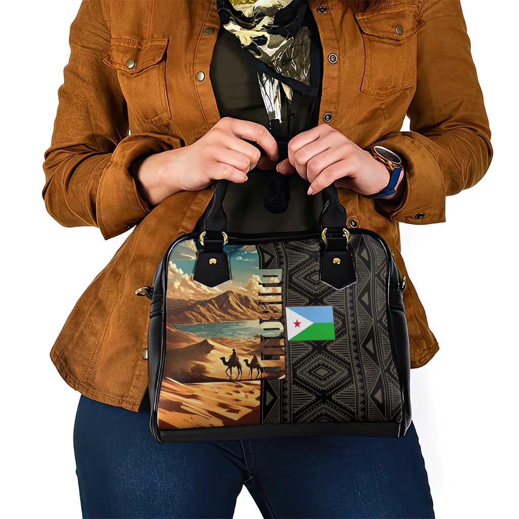 Djibouti Desert Landscape Tadjoura Shoulder Handbag with Camel Riders and Tribal Pattern Design