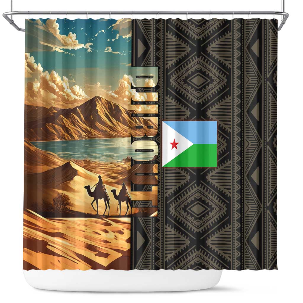 Djibouti Desert Landscape Tadjoura Shower Curtain with Camel Riders and Tribal Pattern Design