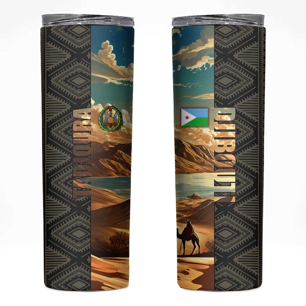 Djibouti Desert Landscape Tadjoura Skinny Tumbler with Camel Riders and Tribal Pattern Design