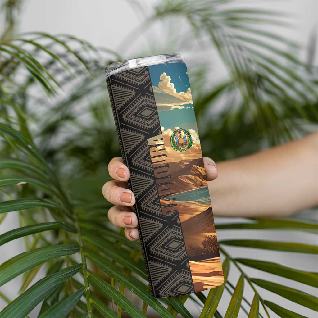 Djibouti Desert Landscape Tadjoura Skinny Tumbler with Camel Riders and Tribal Pattern Design