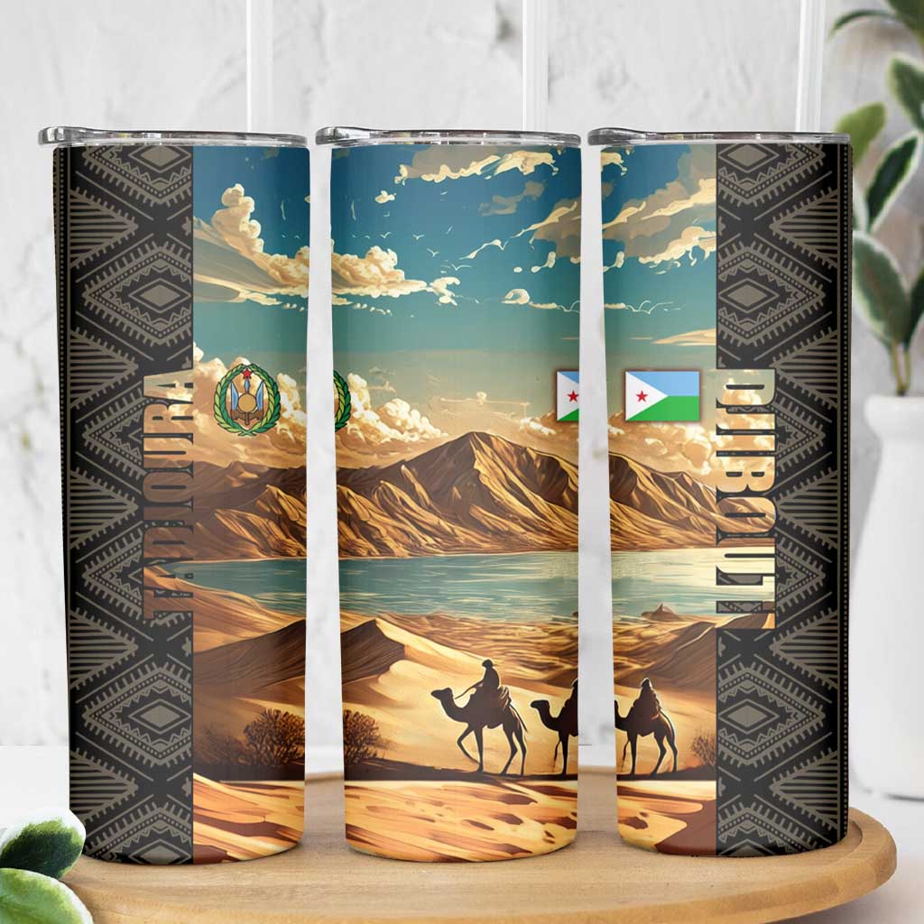 Djibouti Desert Landscape Tadjoura Skinny Tumbler with Camel Riders and Tribal Pattern Design