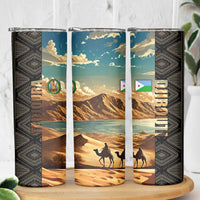 Djibouti Desert Landscape Tadjoura Skinny Tumbler with Camel Riders and Tribal Pattern Design