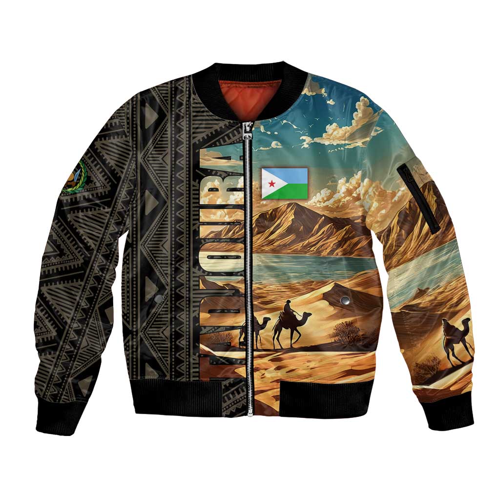 Djibouti Desert Landscape Tadjoura Sleeve Zip Bomber Jacket with Camel Riders and Tribal Pattern Design