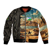 Djibouti Desert Landscape Tadjoura Sleeve Zip Bomber Jacket with Camel Riders and Tribal Pattern Design