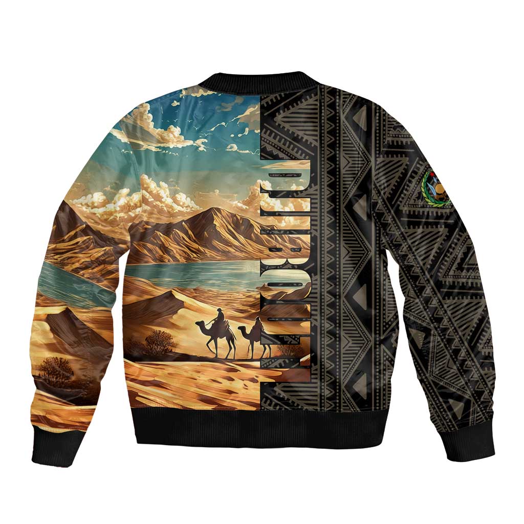 Djibouti Desert Landscape Tadjoura Sleeve Zip Bomber Jacket with Camel Riders and Tribal Pattern Design