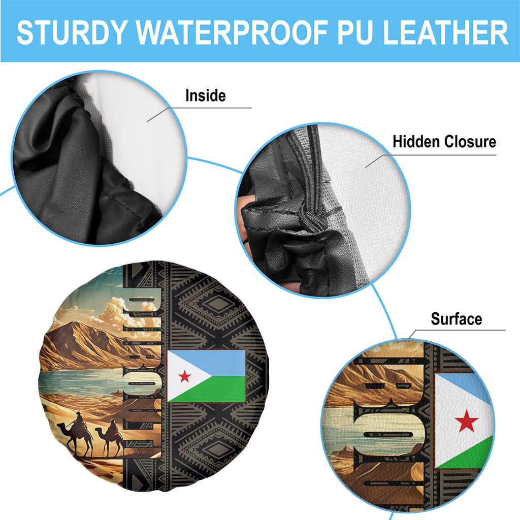 Djibouti Desert Landscape Tadjoura Spare Tire Cover with Camel Riders and Tribal Pattern Design