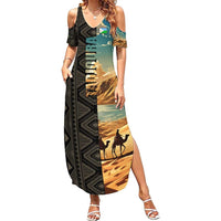 Djibouti Desert Landscape Tadjoura Summer Maxi Dress with Camel Riders and Tribal Pattern Design