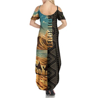 Djibouti Desert Landscape Tadjoura Summer Maxi Dress with Camel Riders and Tribal Pattern Design