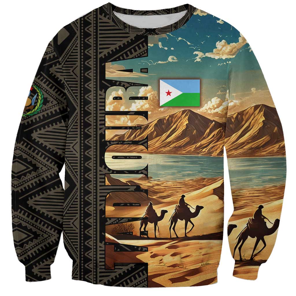 Djibouti Desert Landscape Tadjoura Sweatshirt with Camel Riders and Tribal Pattern Design