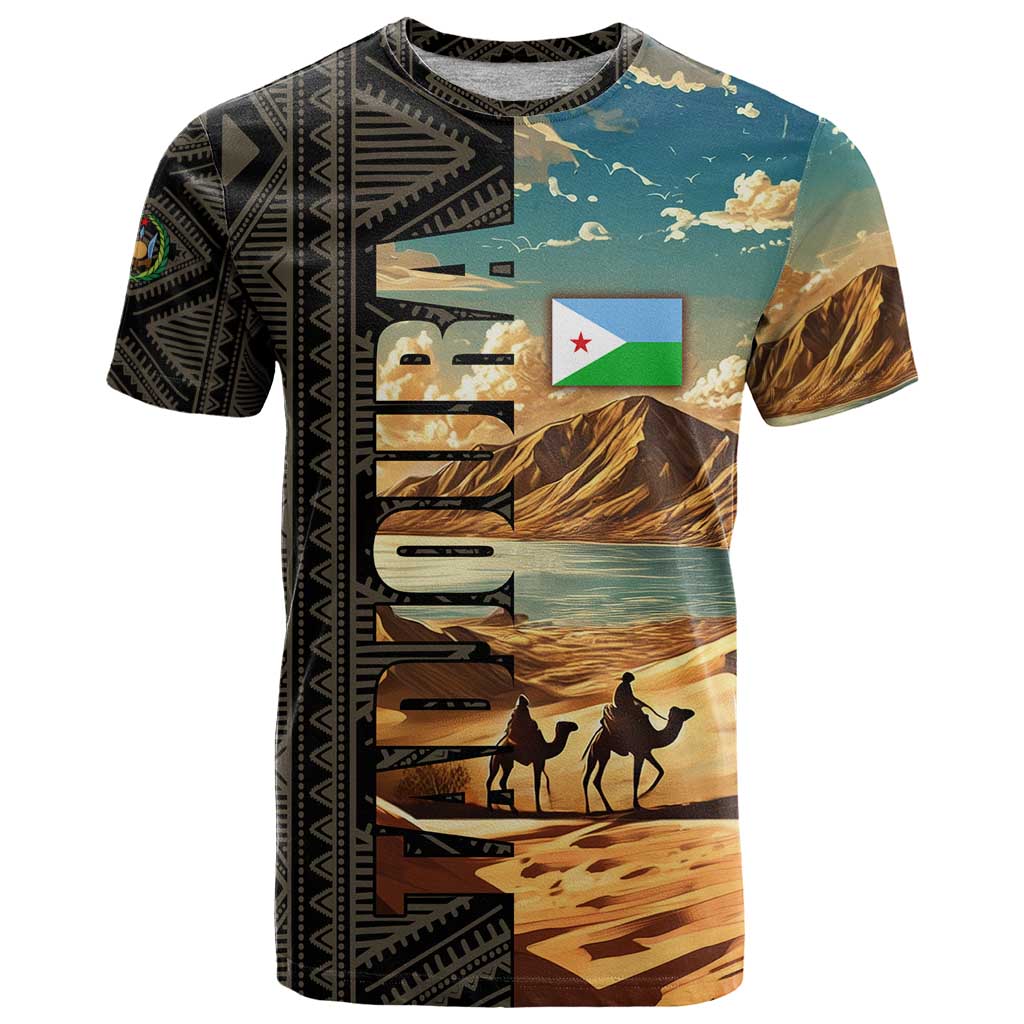 Djibouti Desert Landscape Tadjoura T Shirt with Camel Riders and Tribal Pattern Design