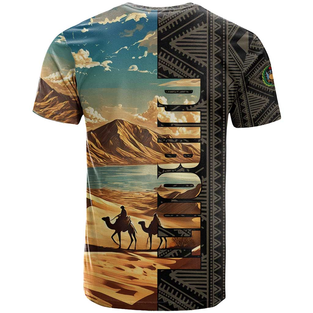 Djibouti Desert Landscape Tadjoura T Shirt with Camel Riders and Tribal Pattern Design