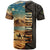 Djibouti Desert Landscape Tadjoura T Shirt with Camel Riders and Tribal Pattern Design