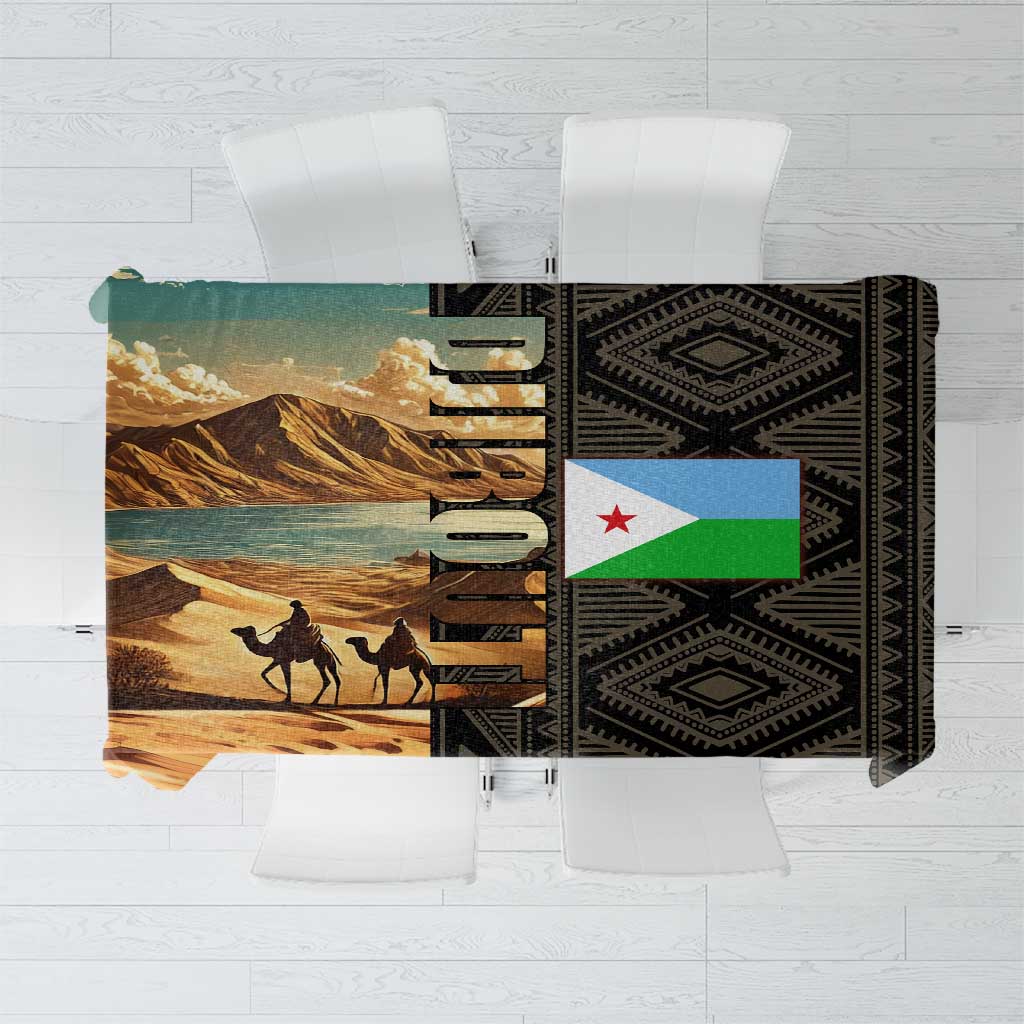 Djibouti Desert Landscape Tadjoura Tablecloth with Camel Riders and Tribal Pattern Design