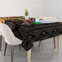 Djibouti Desert Landscape Tadjoura Tablecloth with Camel Riders and Tribal Pattern Design