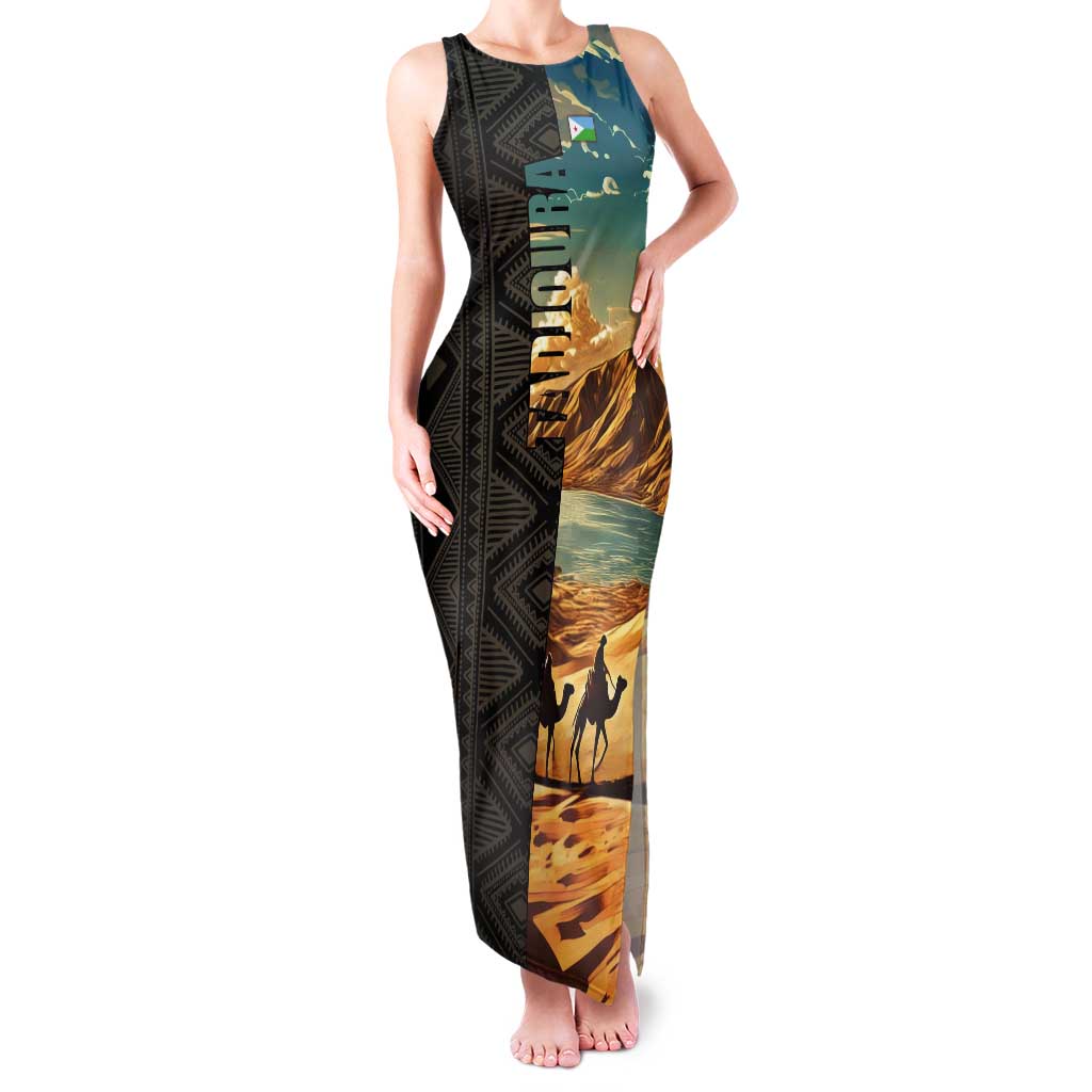 Djibouti Desert Landscape Tadjoura Tank Maxi Dress with Camel Riders and Tribal Pattern Design
