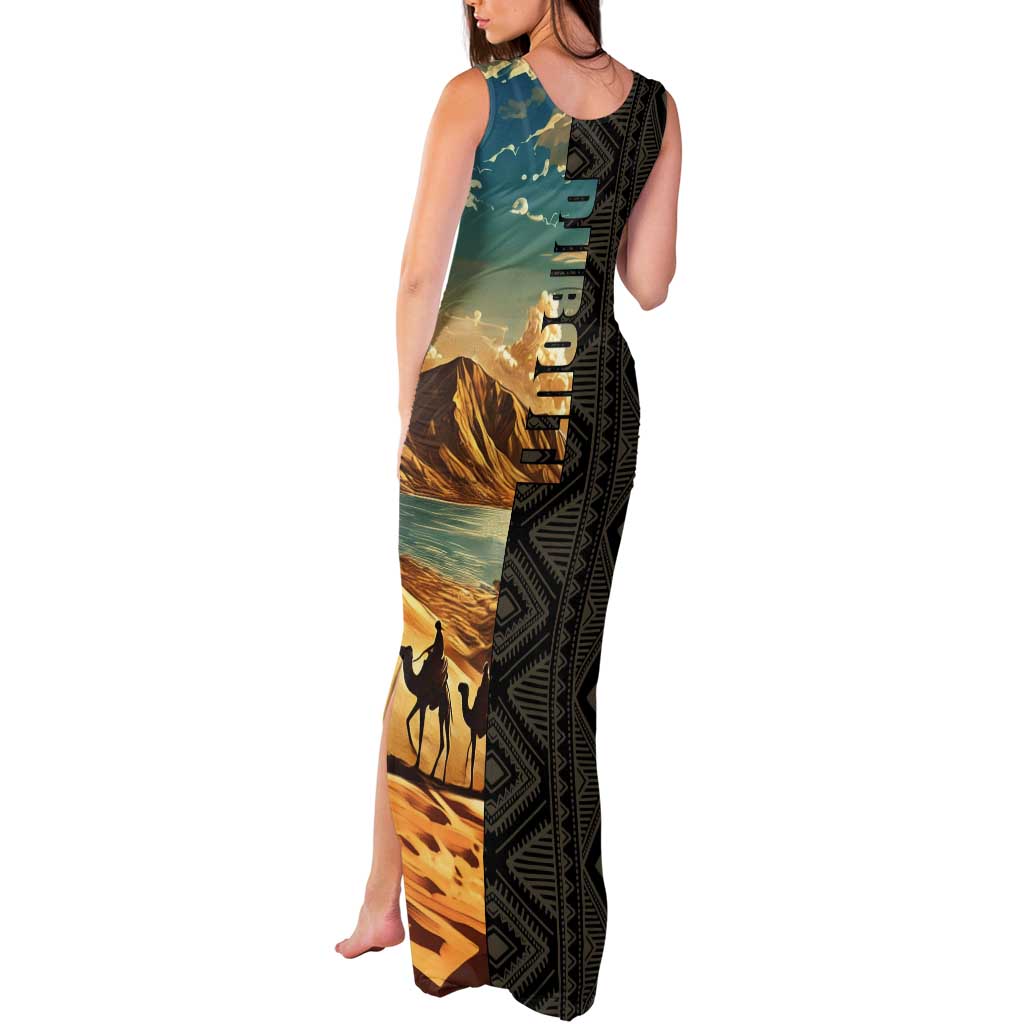 Djibouti Desert Landscape Tadjoura Tank Maxi Dress with Camel Riders and Tribal Pattern Design