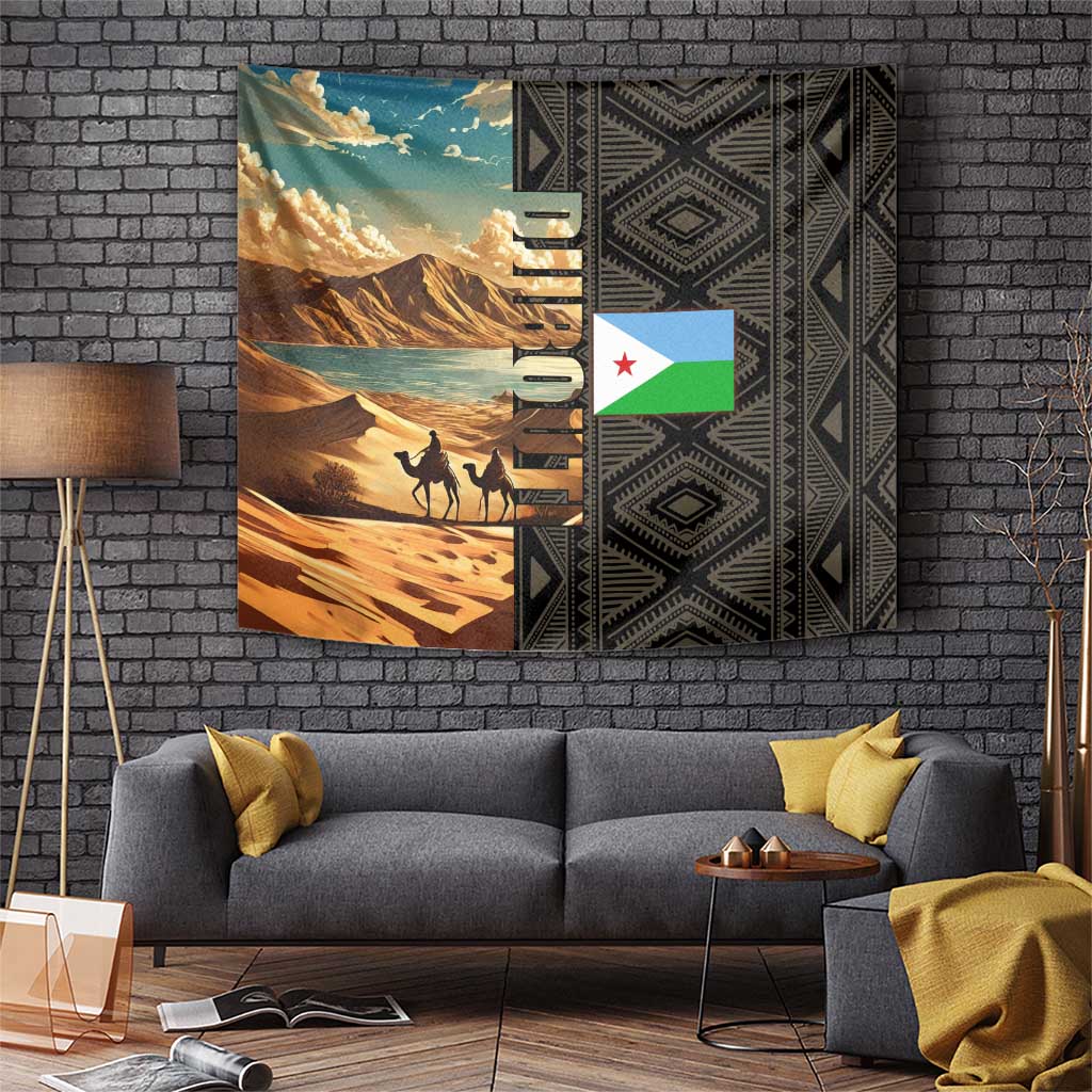 Djibouti Desert Landscape Tadjoura Tapestry with Camel Riders and Tribal Pattern Design