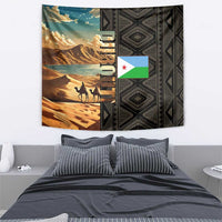 Djibouti Desert Landscape Tadjoura Tapestry with Camel Riders and Tribal Pattern Design