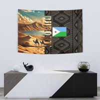 Djibouti Desert Landscape Tadjoura Tapestry with Camel Riders and Tribal Pattern Design