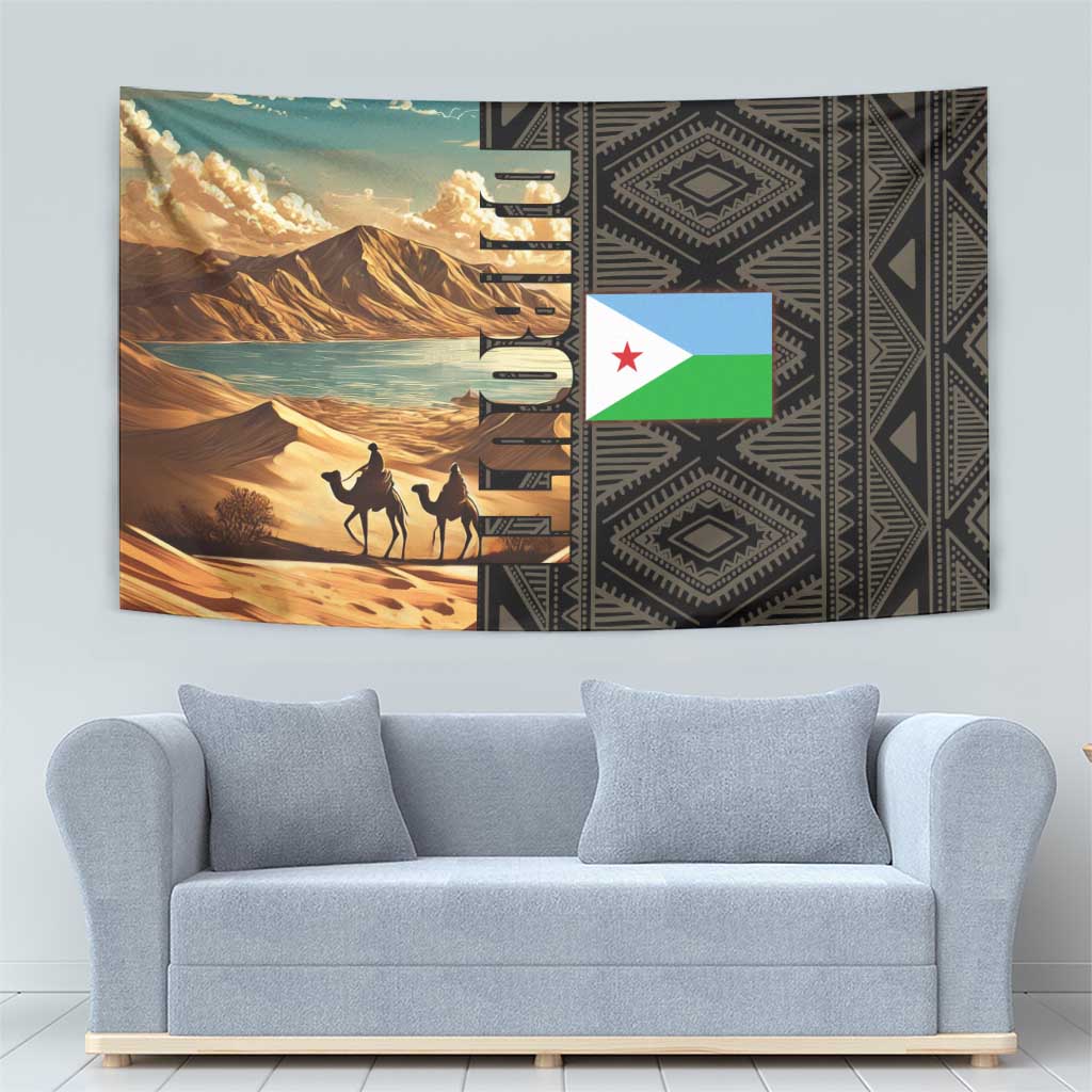 Djibouti Desert Landscape Tadjoura Tapestry with Camel Riders and Tribal Pattern Design