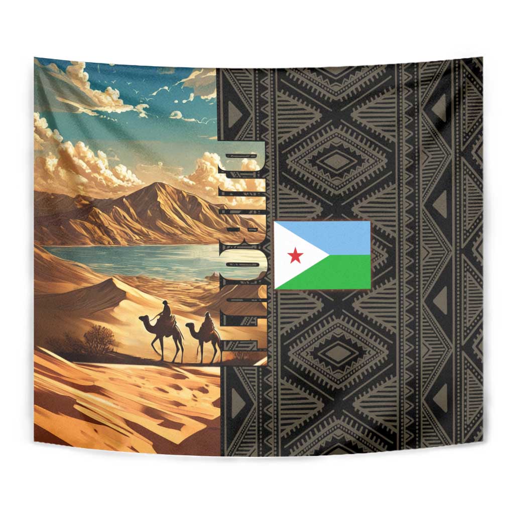 Djibouti Desert Landscape Tadjoura Tapestry with Camel Riders and Tribal Pattern Design
