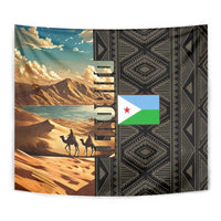 Djibouti Desert Landscape Tadjoura Tapestry with Camel Riders and Tribal Pattern Design