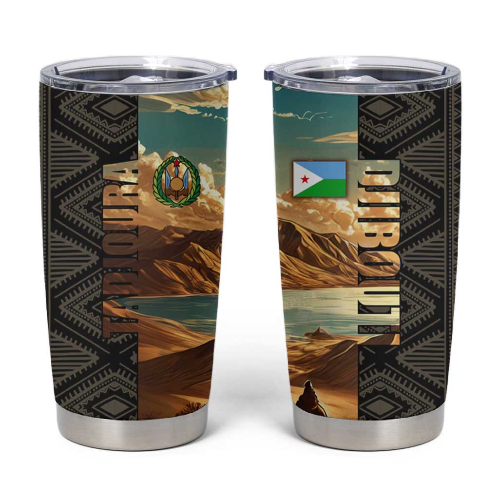 Djibouti Desert Landscape Tadjoura Tumbler Cup with Camel Riders and Tribal Pattern Design