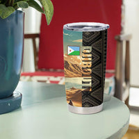 Djibouti Desert Landscape Tadjoura Tumbler Cup with Camel Riders and Tribal Pattern Design