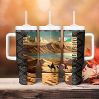 Djibouti Desert Landscape Tadjoura Tumbler With Handle with Camel Riders and Tribal Pattern Design