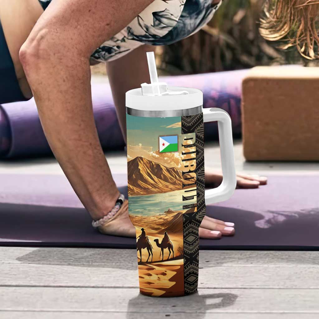 Djibouti Desert Landscape Tadjoura Tumbler With Handle with Camel Riders and Tribal Pattern Design