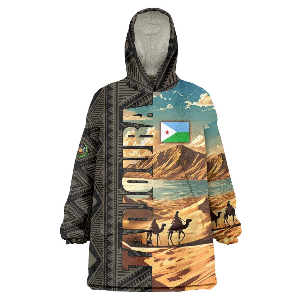 Djibouti Desert Landscape Tadjoura Wearable Blanket Hoodie with Camel Riders and Tribal Pattern Design