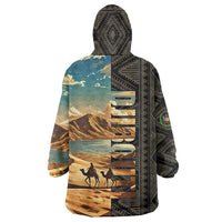 Djibouti Desert Landscape Tadjoura Wearable Blanket Hoodie with Camel Riders and Tribal Pattern Design