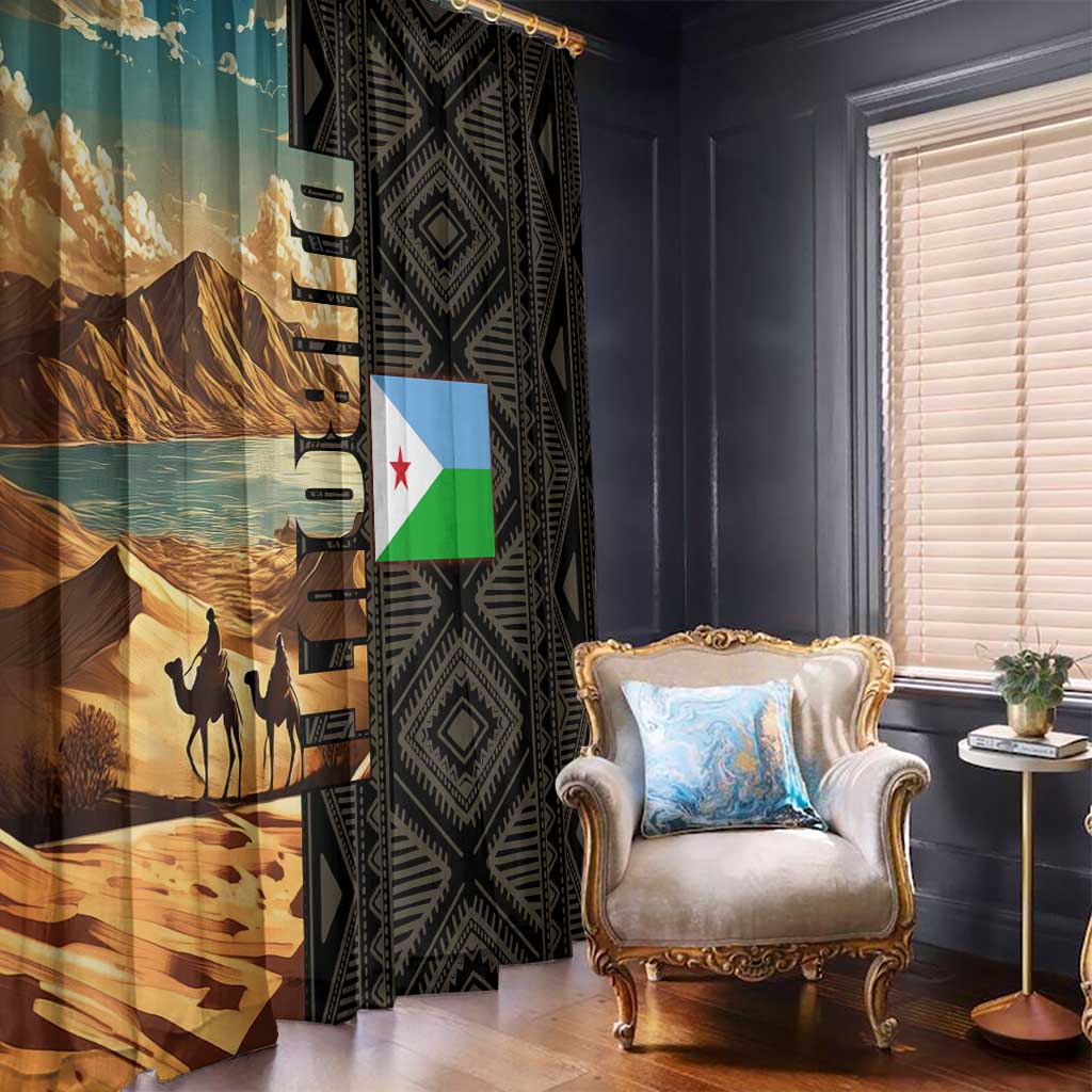 Djibouti Desert Landscape Tadjoura Window Curtain with Camel Riders and Tribal Pattern Design