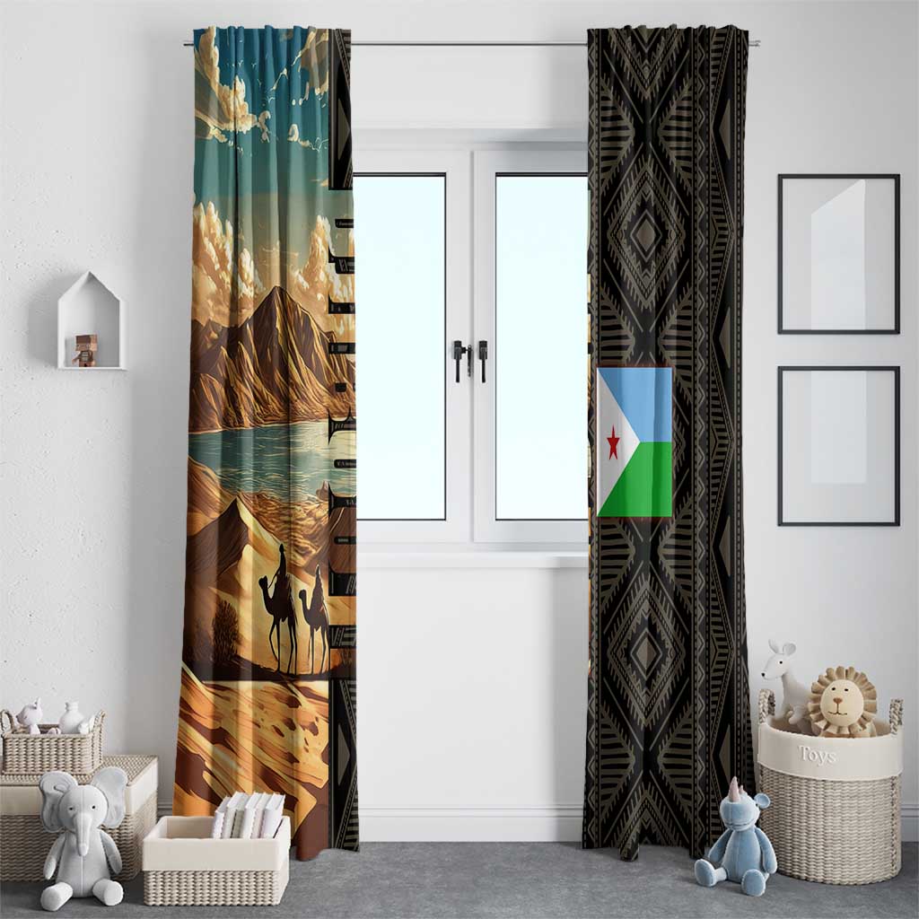 Djibouti Desert Landscape Tadjoura Window Curtain with Camel Riders and Tribal Pattern Design